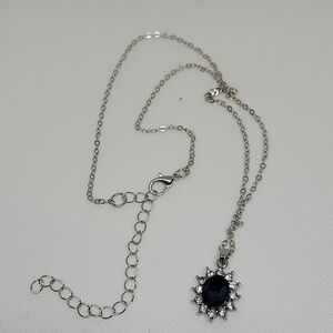 Topaz Faux Blue w Rhinestone 16" + 3" Extension Silver Necklace